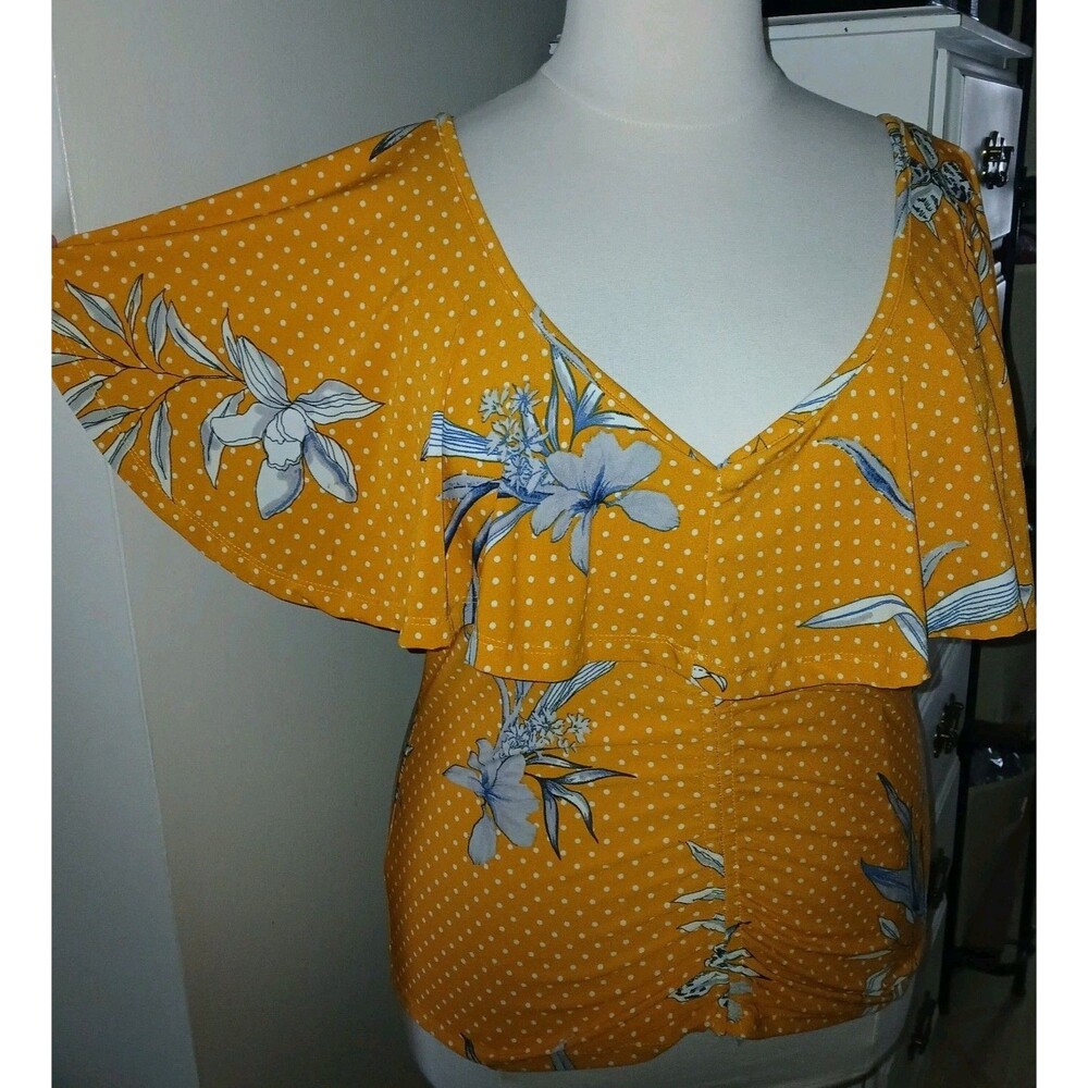 NWT ROUGE COLLECTION Womens 2X/1X Peasant Boho Polka Dot Floral Overlay Top Gold - Picture 4 of 11